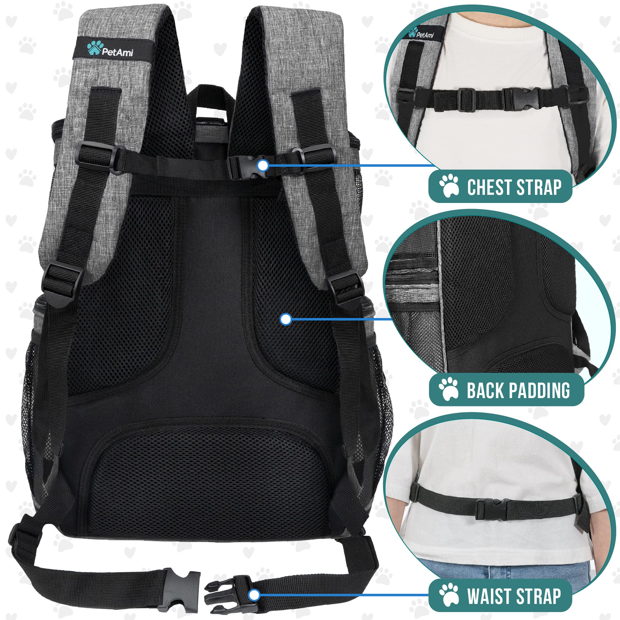 PetAmi multi-use backpack in front-carry mode for hiking.