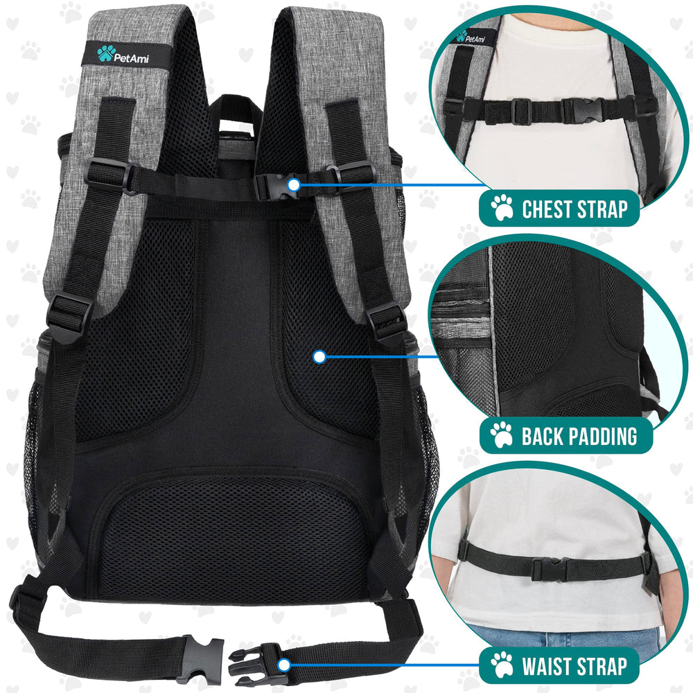 PetAmi multi-use backpack in front-carry mode for hiking.