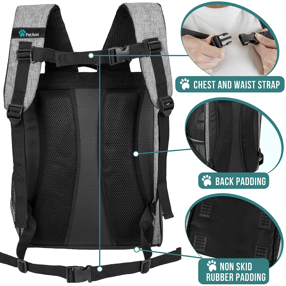 PetAmi carrier with padded straps and waist chest buckles for comfort