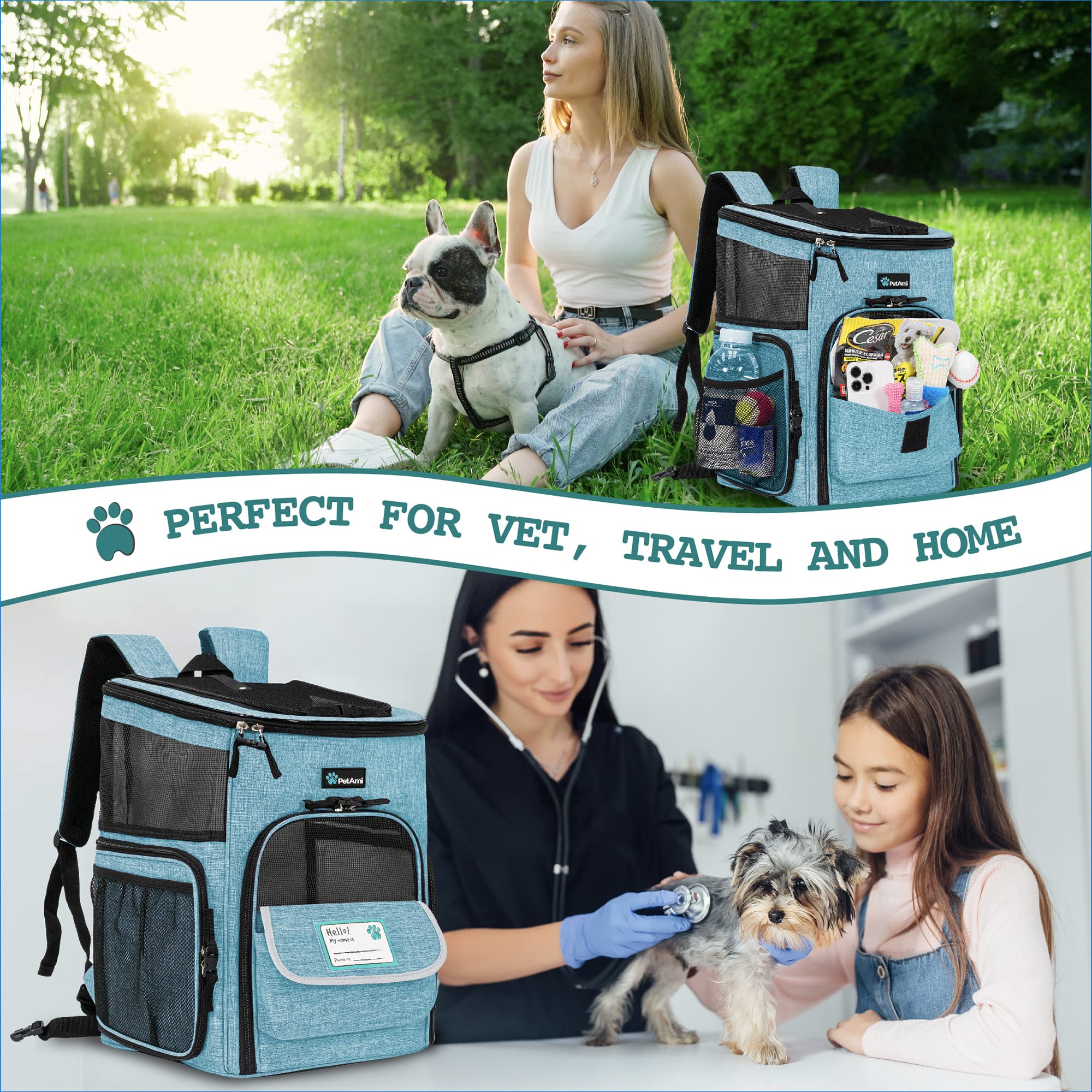 PetAmi pet carrier backpack turquoise travel setup