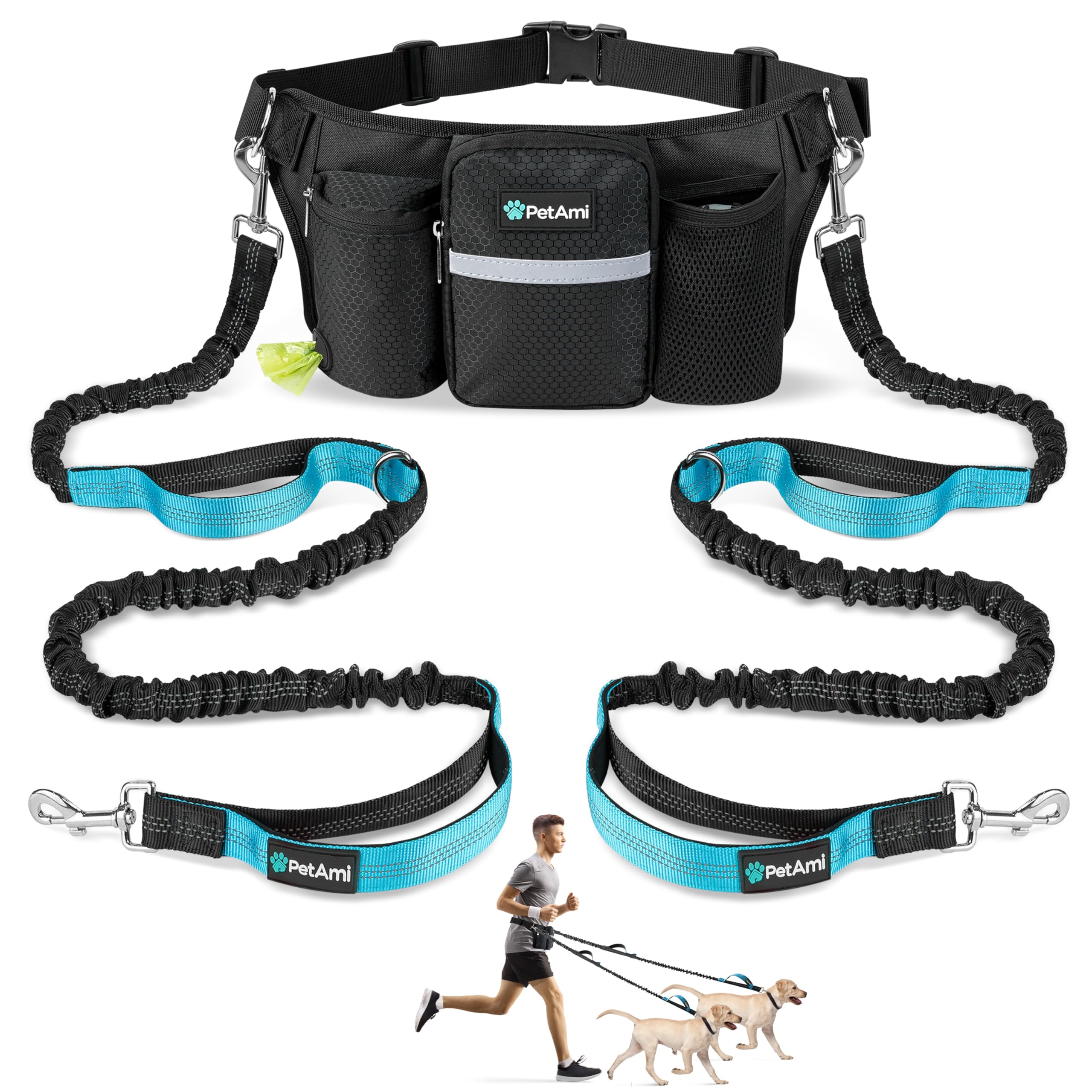 PetAmi premium hands-free leash waist-belt setup enables effortless two-dog walks.