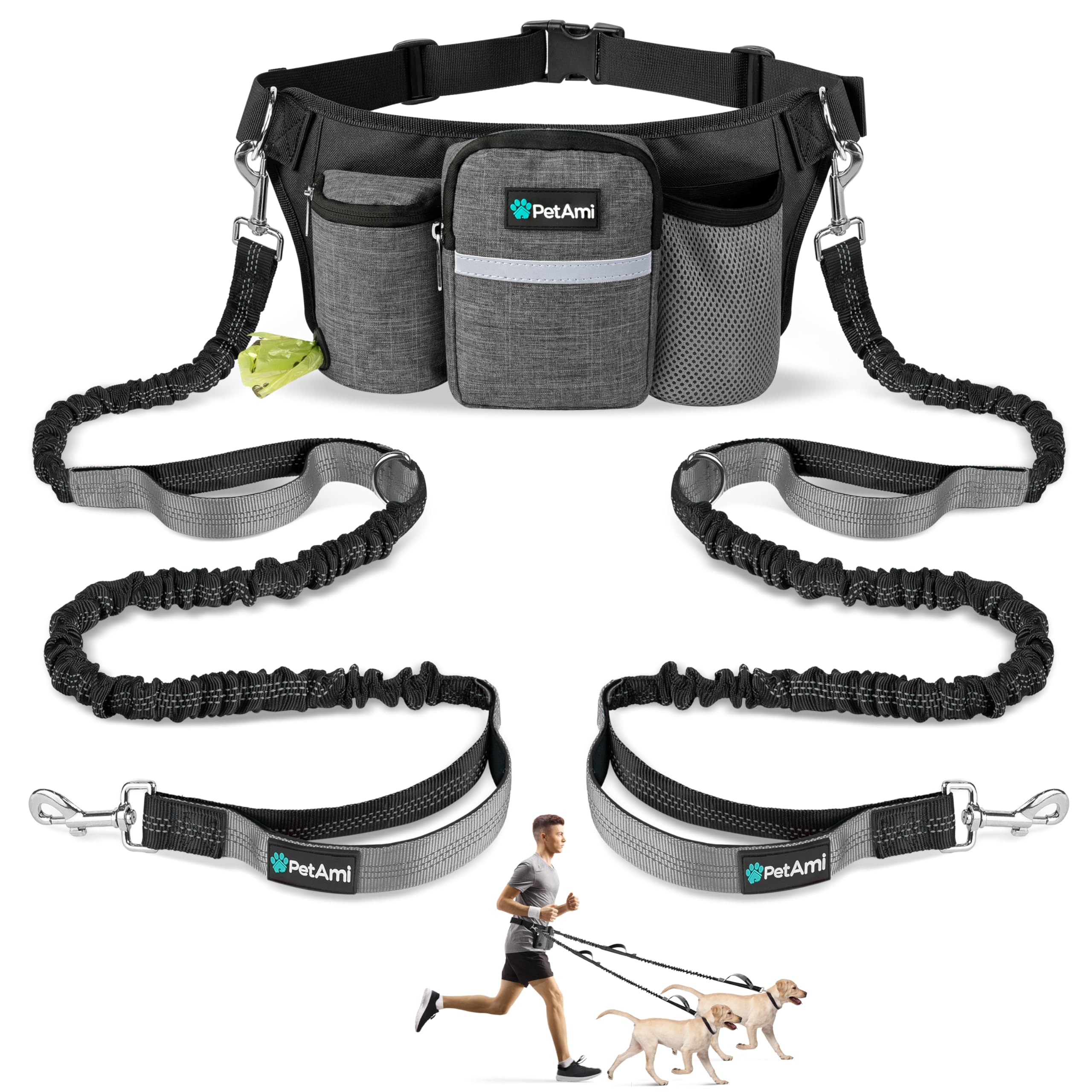 PetAmi Premium hands-free dual-bungee leash setup enables smooth two-dog control.