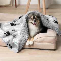 PetAmi reversible sherpa blanket offers two cozy looks for pets and living rooms.