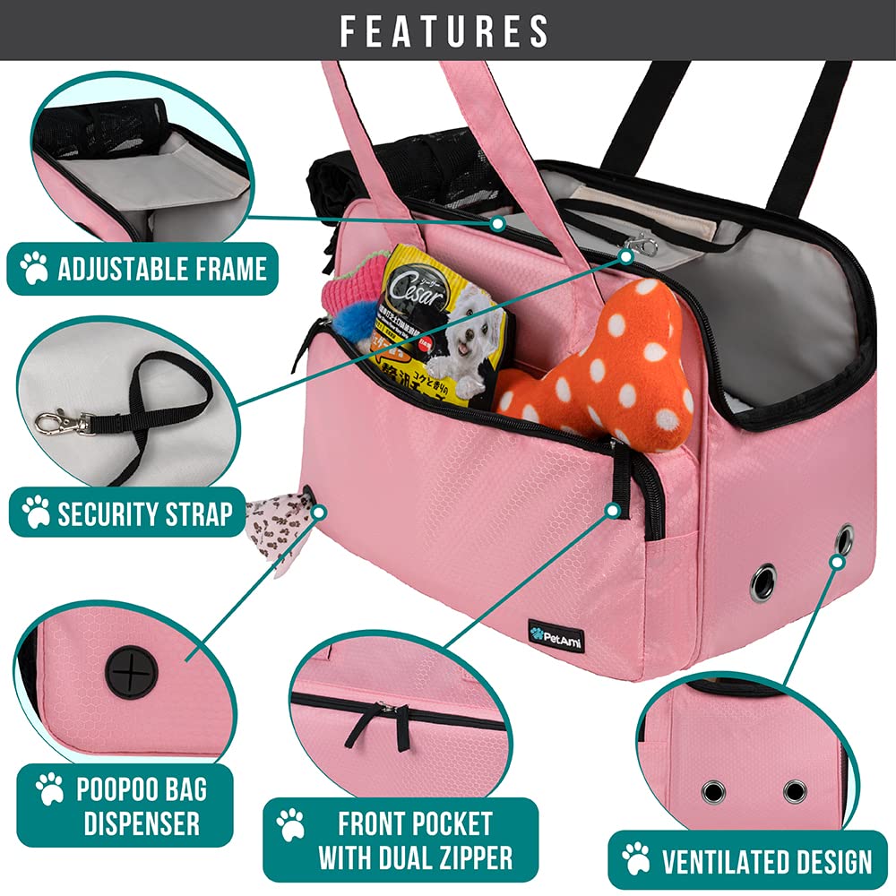 PetAmi small dog purse carrier open-top demonstrates easy pet entry and ventilation