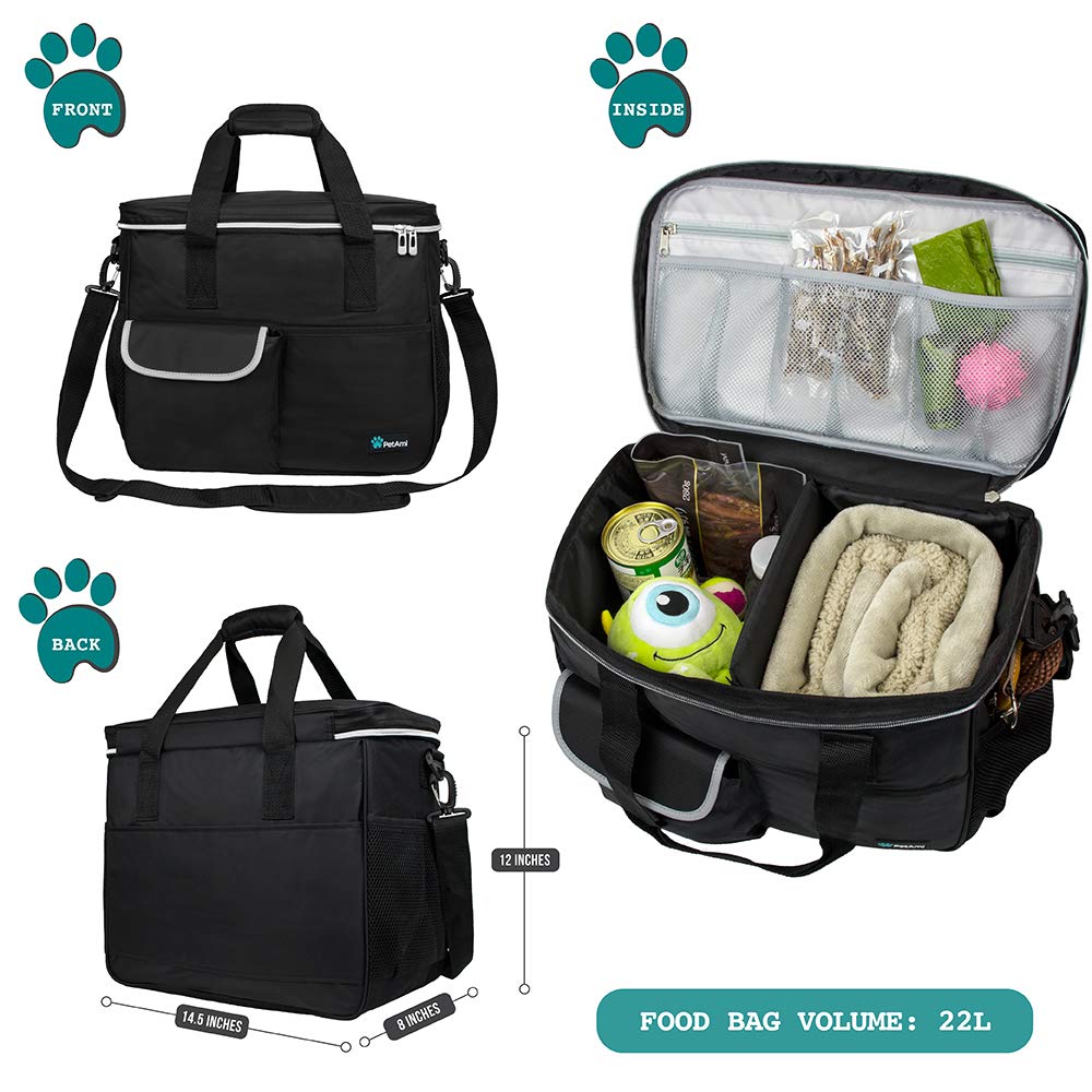 PetAmi Travel Bag with food containers demonstrates on-the-go pet meals and hydration.