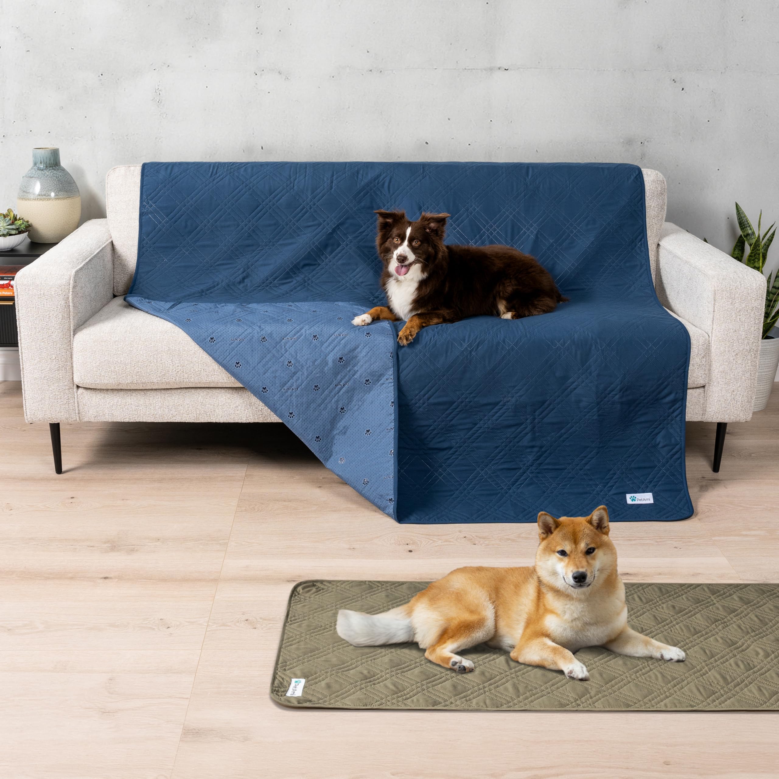 PetAmi waterproof couch cover blue on sofa shows reversible design for versatile protection.