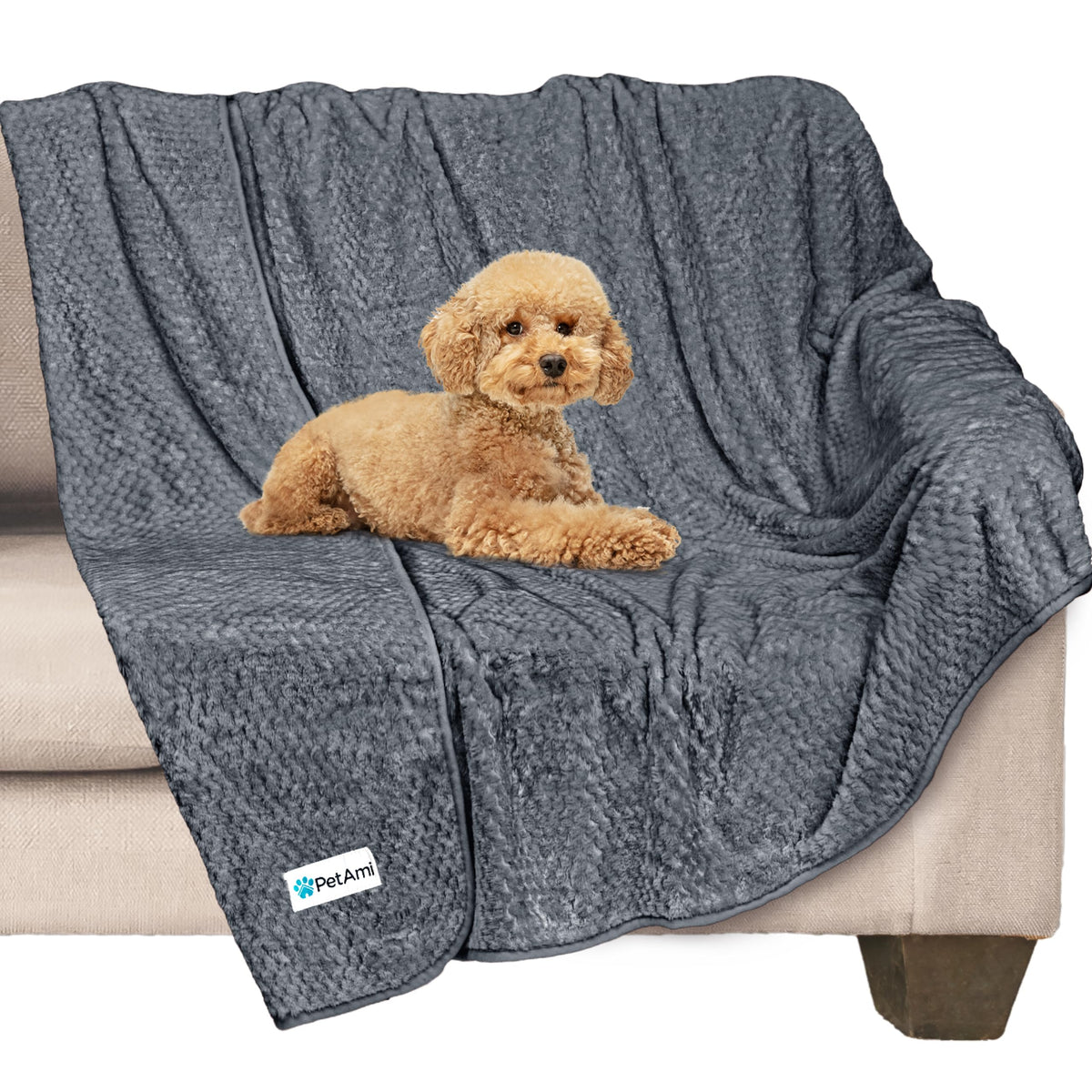 PetAmi waterproof dog blanket 40x60 gray on sofa providing moisture protection.