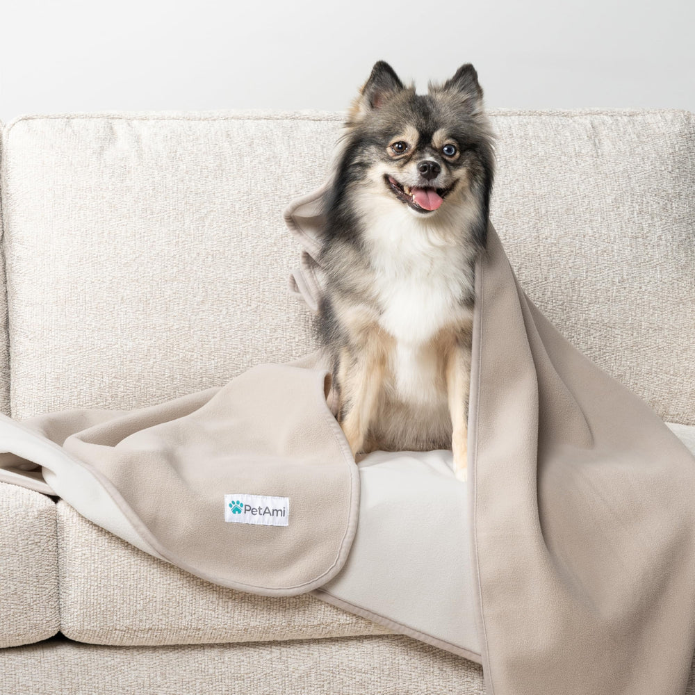 PetAmi waterproof dog blanket taupe-beige shade draped on couch