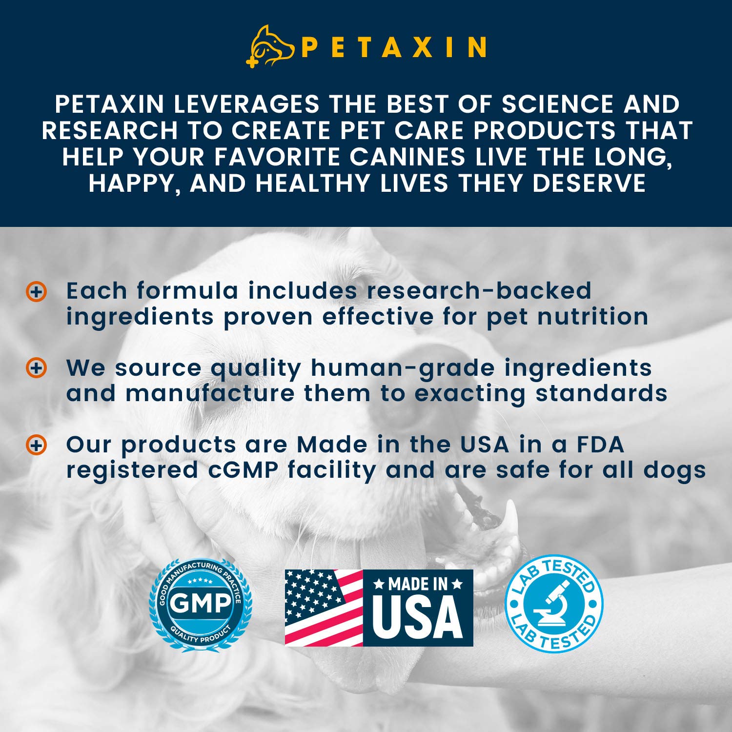 Petaxin Probiotics for Dogs packaging showing Made in USA quality.