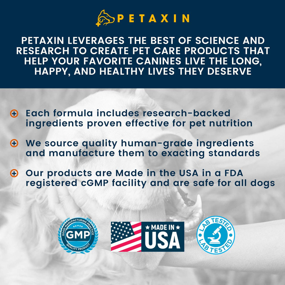 Petaxin Probiotics for Dogs packaging showing Made in USA quality.