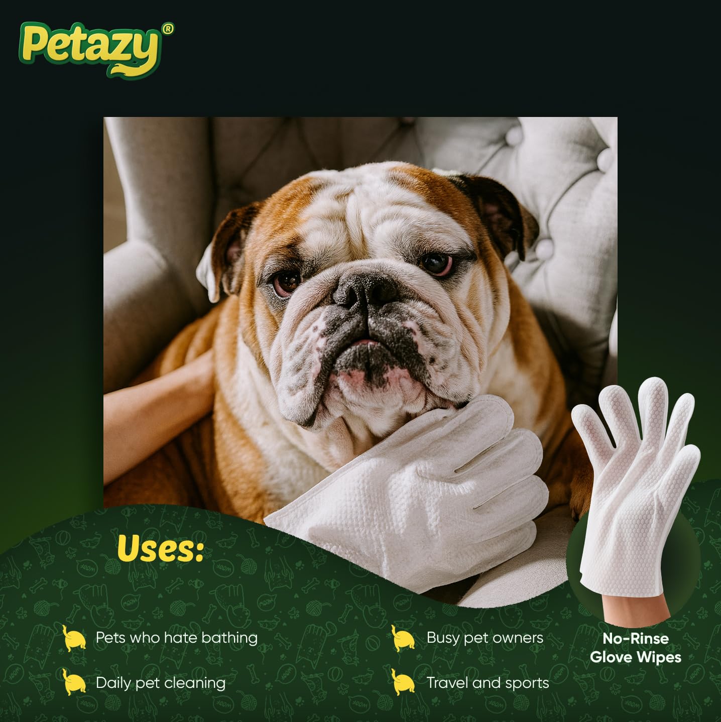 Petazy Pet Glove Wipes aloe and coconut oil benefits close-up.