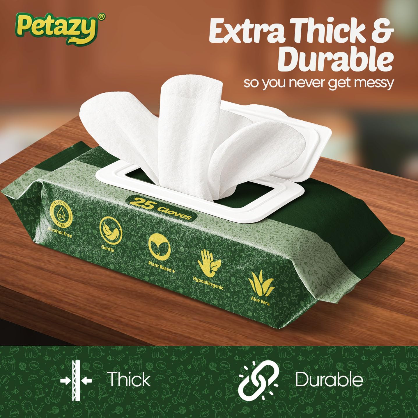 Petazy Pet Glove Wipes cleaning-action image targets mud and odor removal.