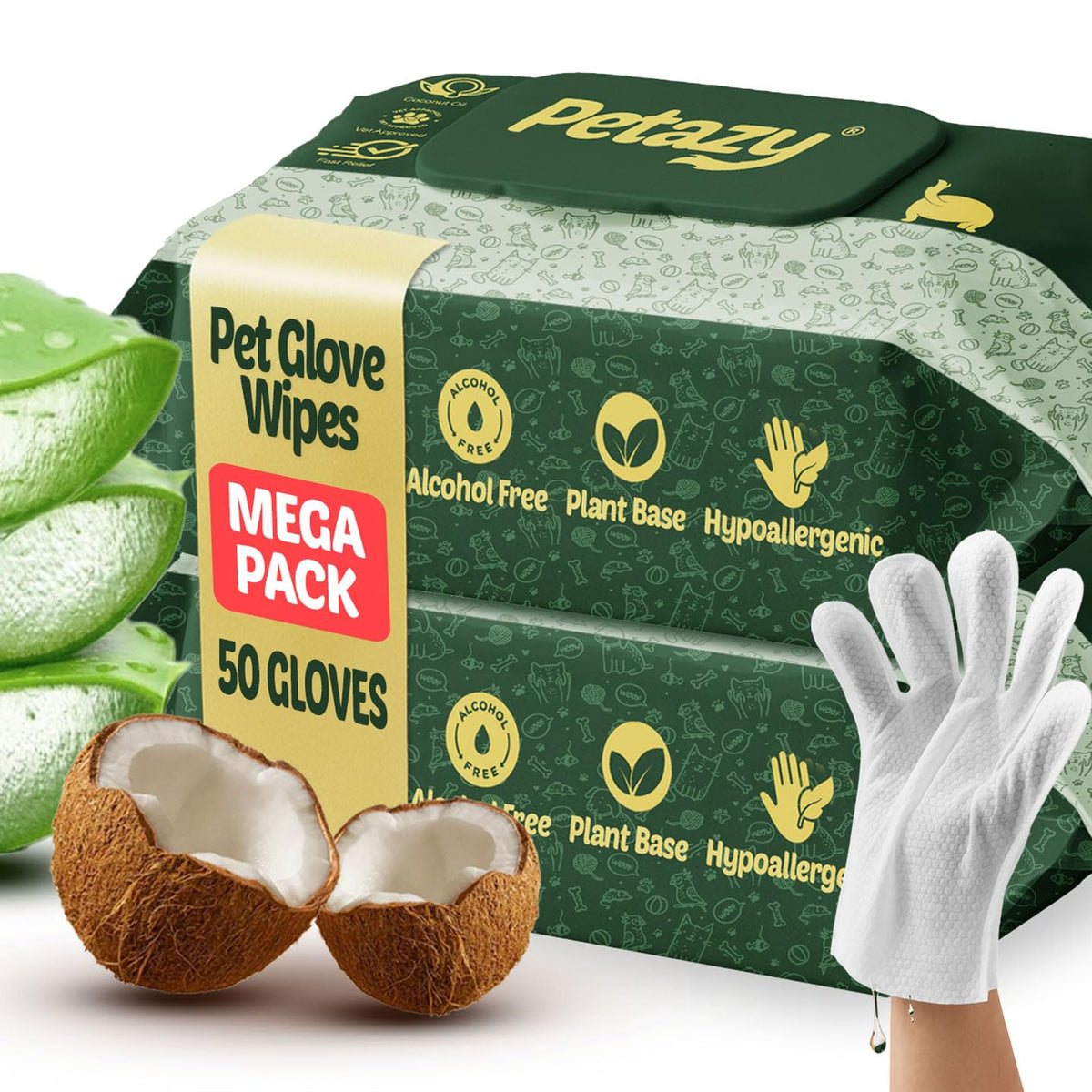 Petazy Pet Glove Wipes pack demonstrates durable, no-rinse cleansing on-the-go.