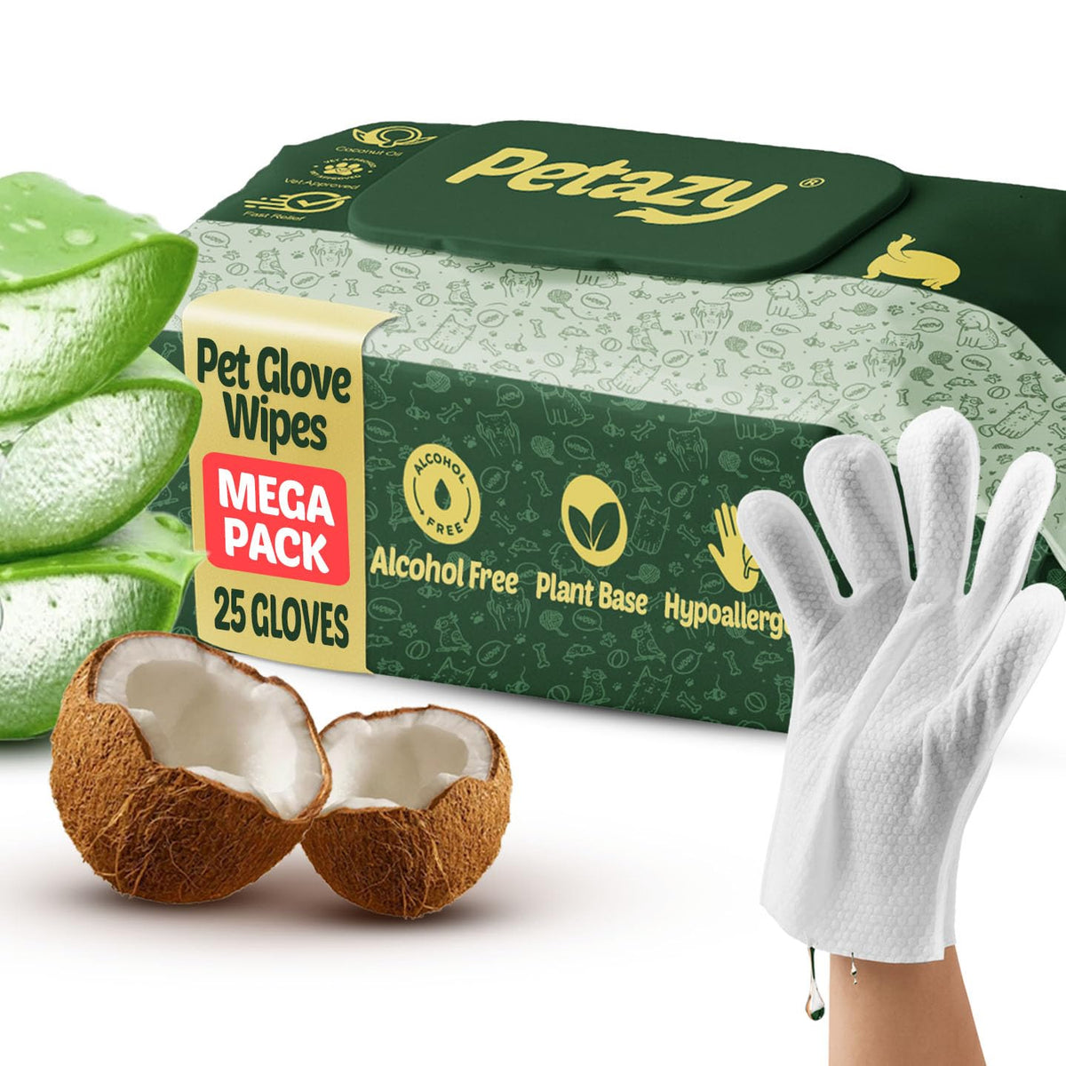 Petazy Pet Glove Wipes 25-pack front view for no-rinse cleaning on the go