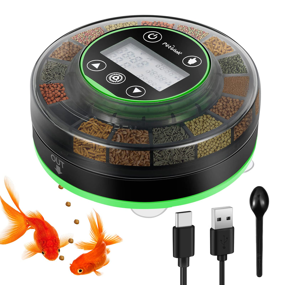 Petbank automatic feeder front view highlights compact design for tidy aquarium setup and precise meals.