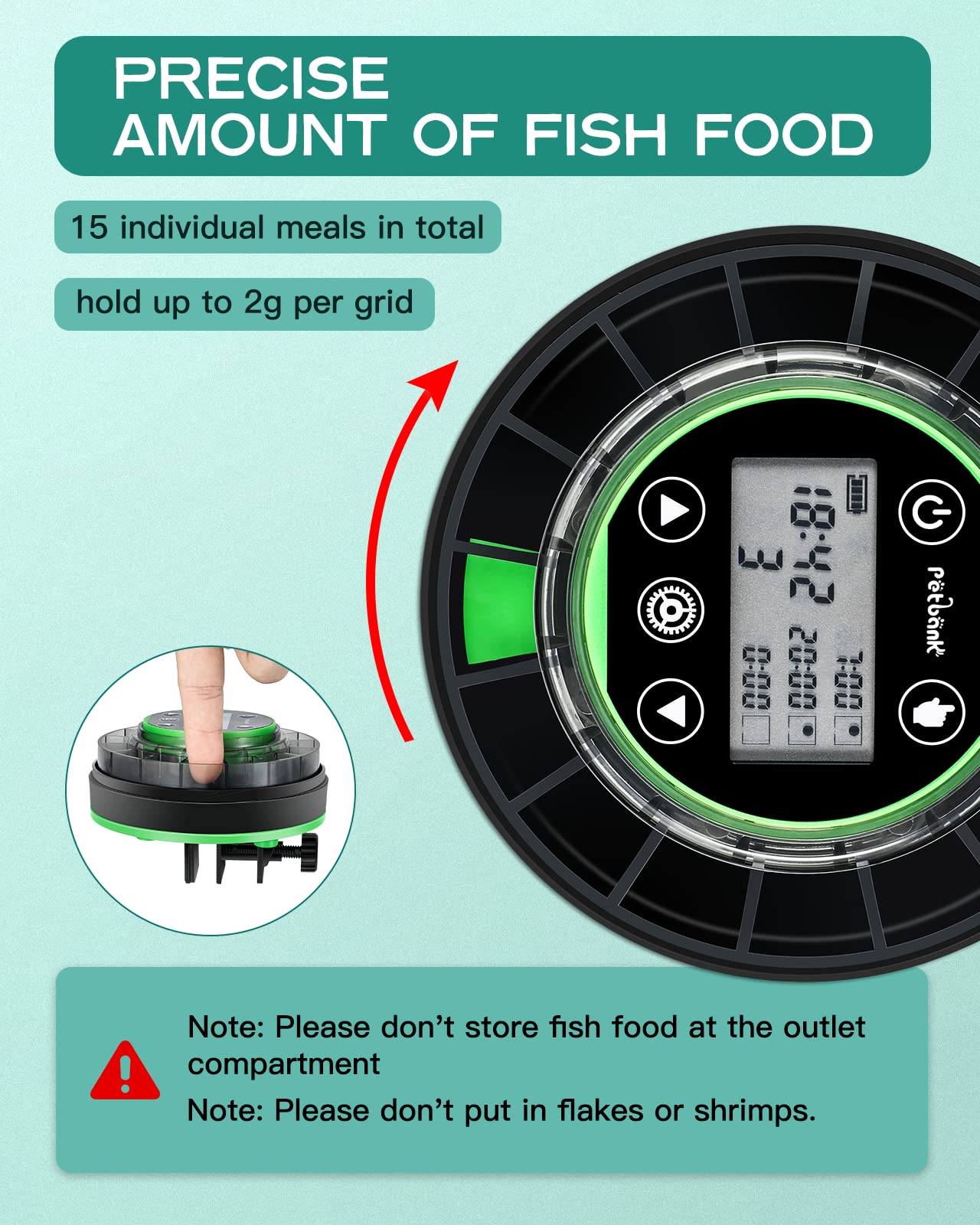 Petbank automatic feeder mounted with clamp base exemplifies flexible installation for various tank sizes.