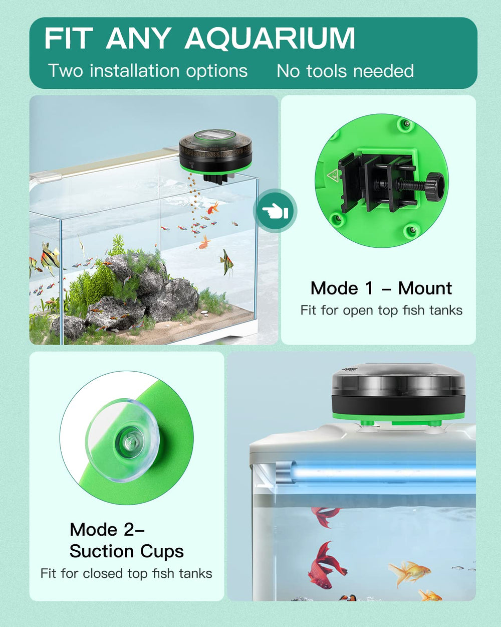 Petbank feeder suction cup option allows effortless attachment to tank lids or covers.