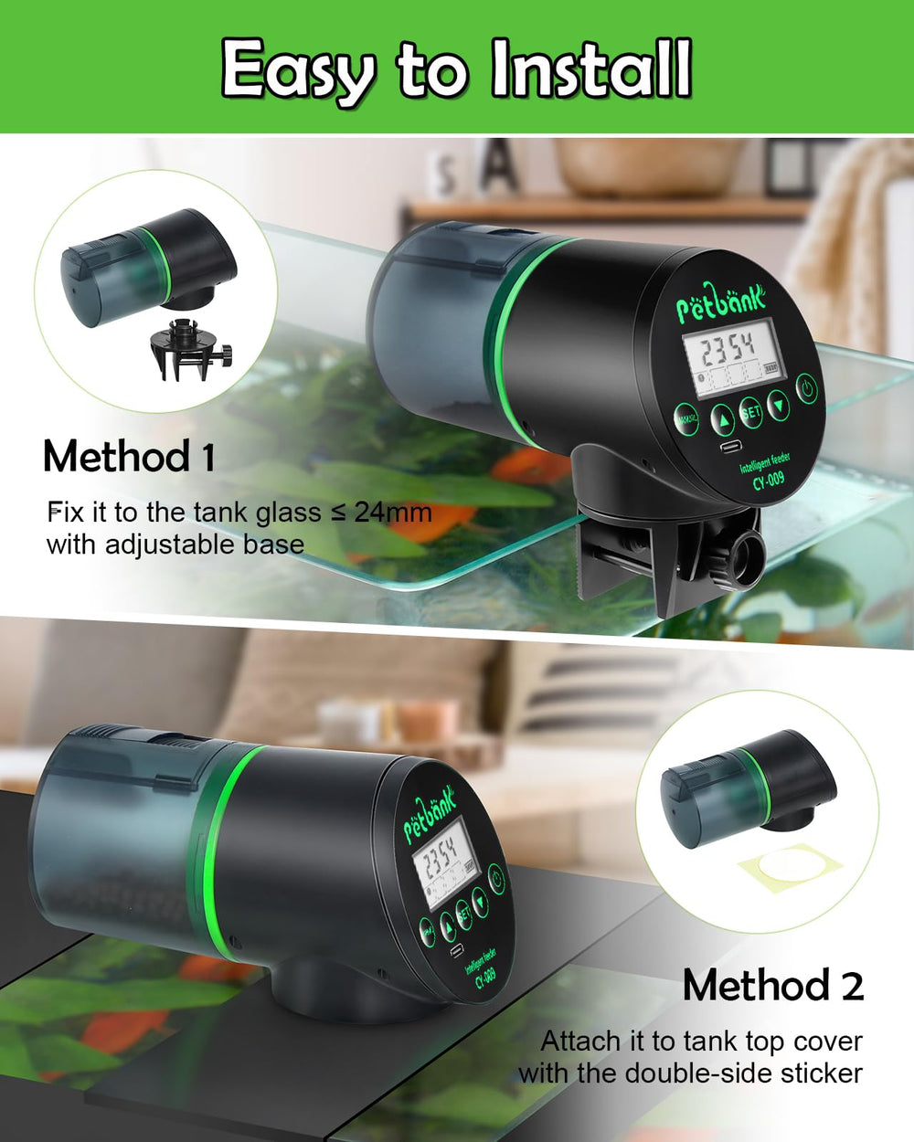 Petbank fish feeder mounted on tank rim with adjustable clamp for flexible placement.