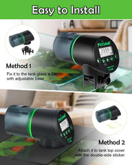 Petbank fish feeder mounted on tank rim with adjustable clamp for flexible placement.