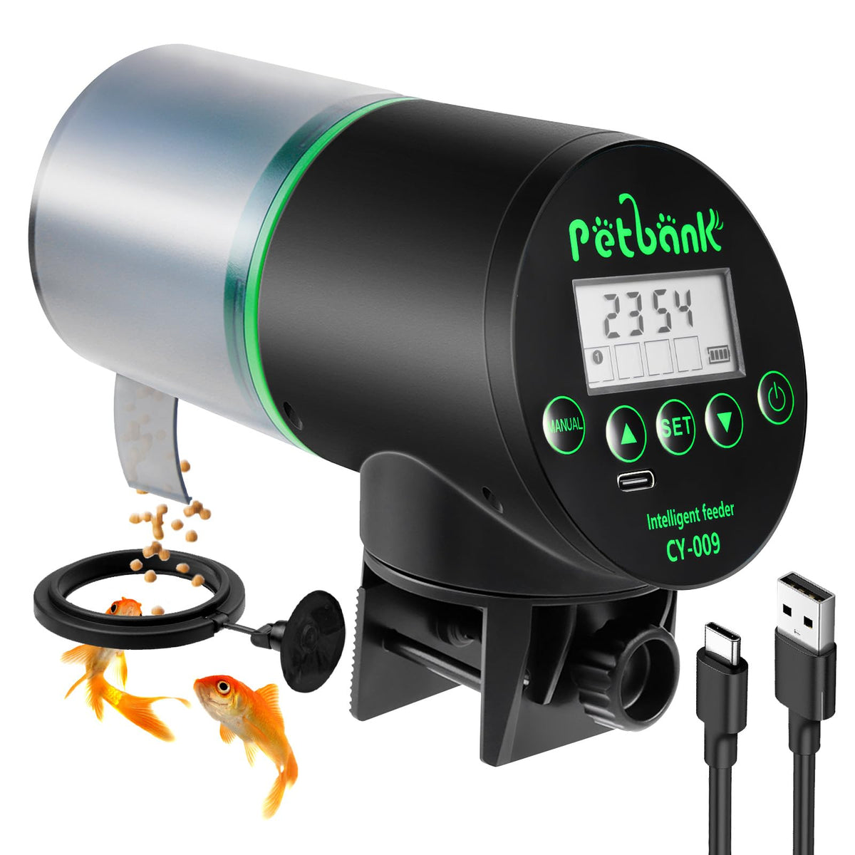 Petbank automatic fish feeder with compact design and USB charging for extended use.