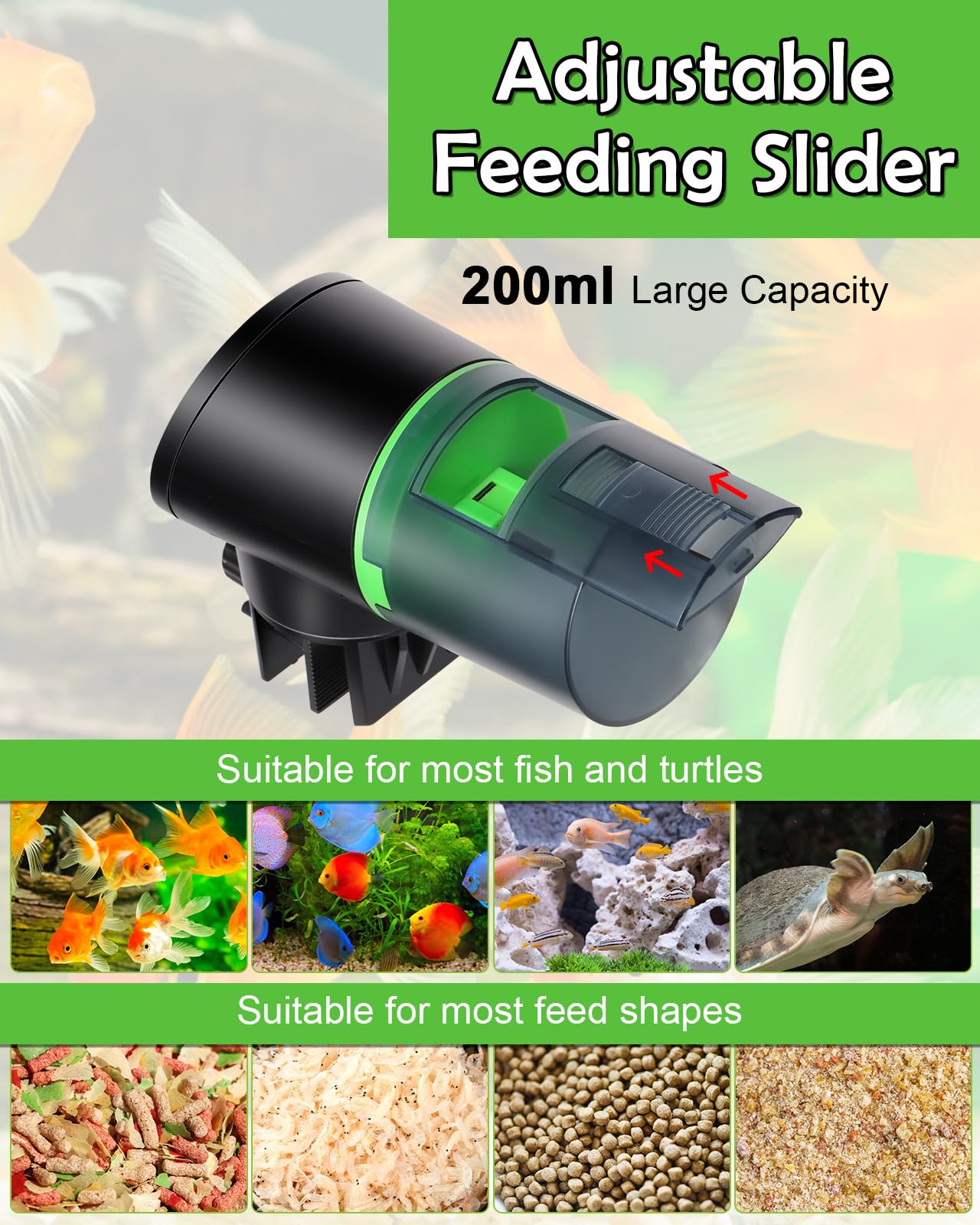 Petbank automatic fish feeder 200ml capacity supports larger portions for varied fish snacks.