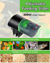 Petbank automatic fish feeder 200ml capacity supports larger portions for varied fish snacks.