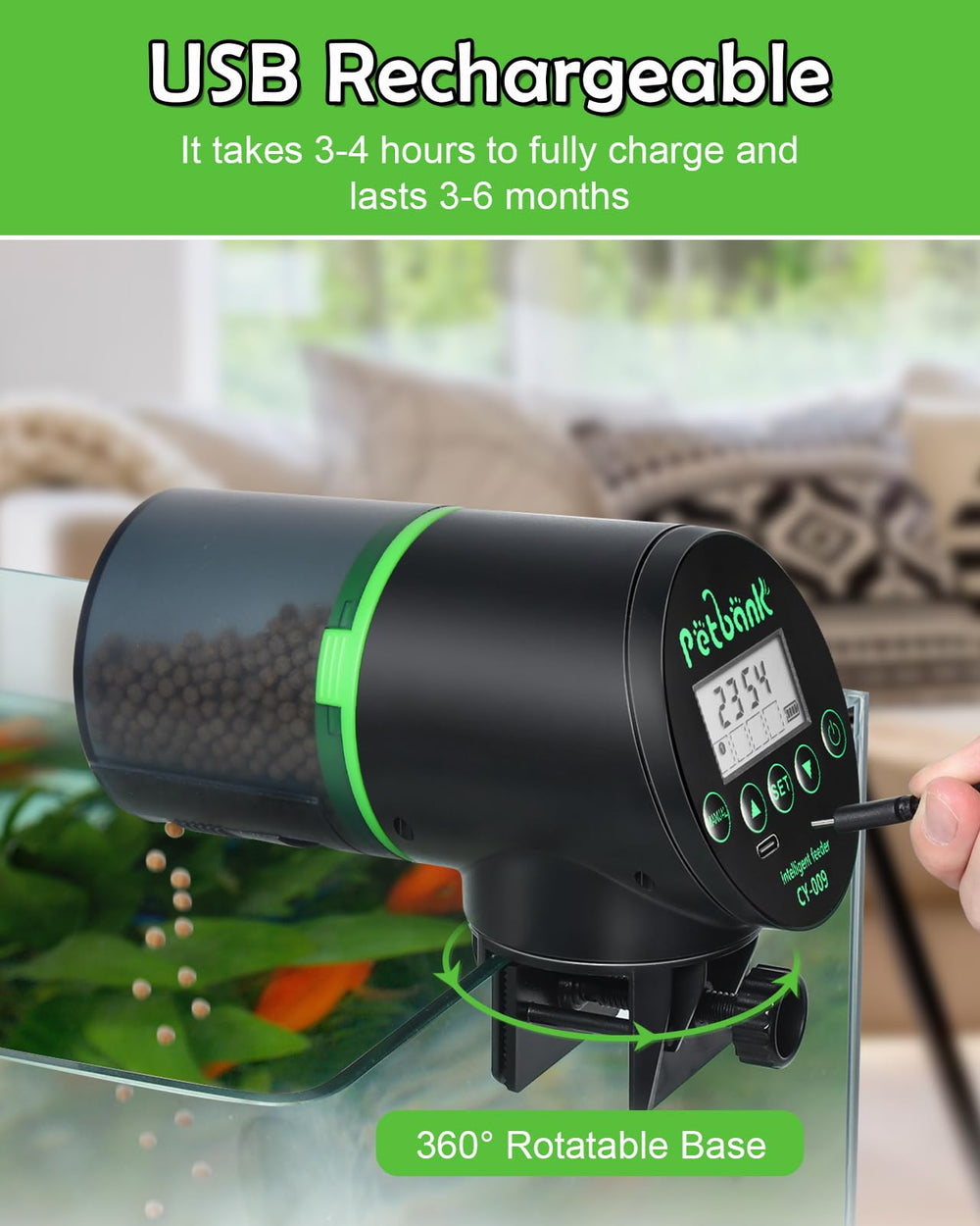 Petbank feeder uses USB power for long-lasting operation beyond weekends.