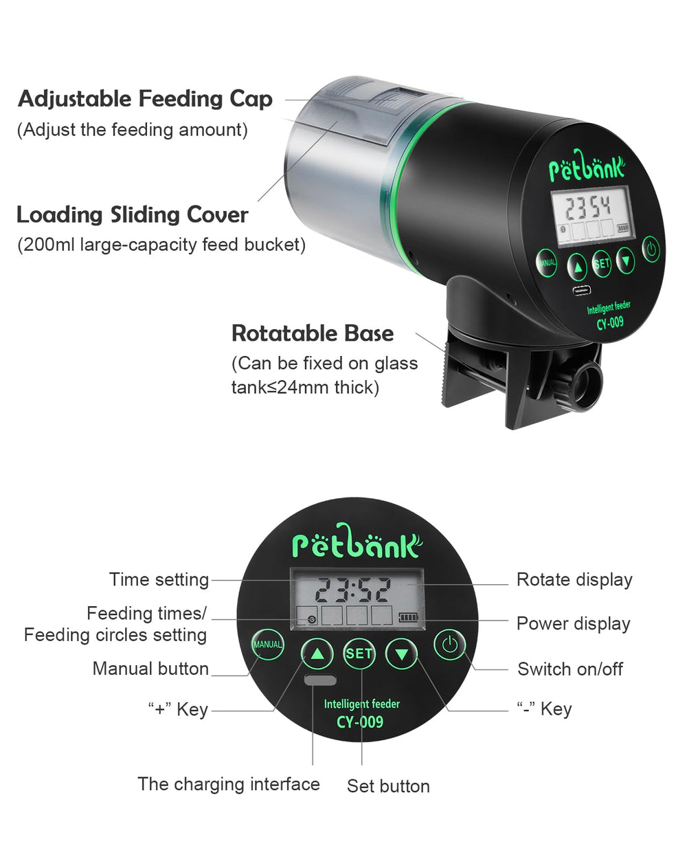 Petbank automatic feeder handles pellets, granules, and powders with adjustable portions.