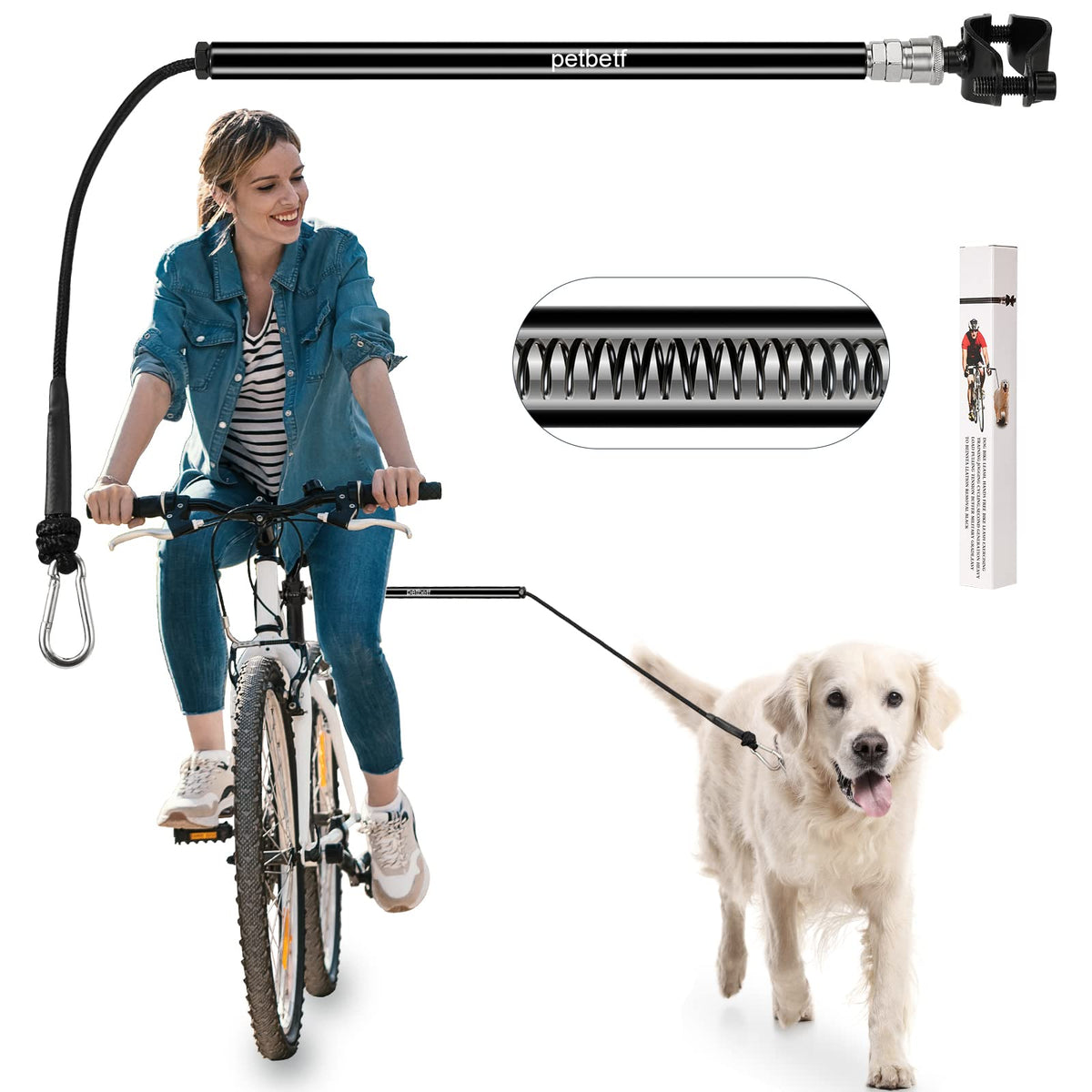 Petbetf dog bike leash attachment showcasing quick-connect for fast on-off use.