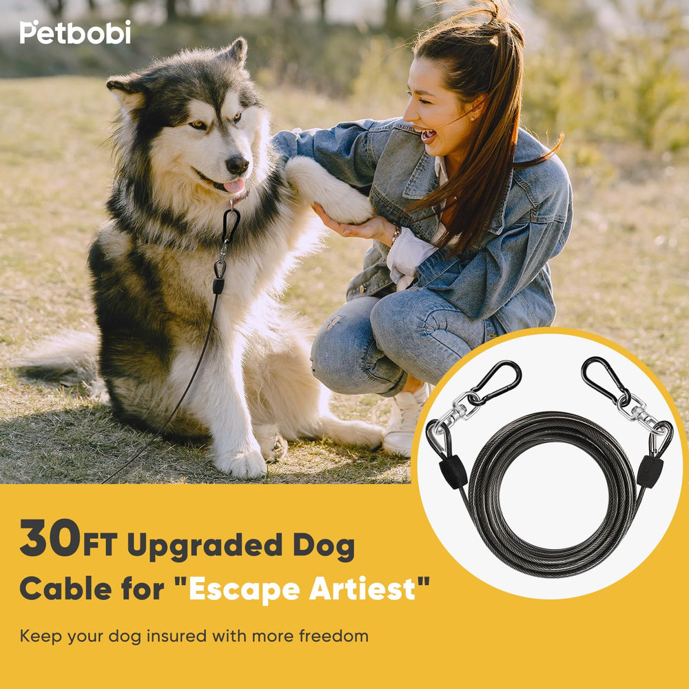 Petbobi 30ft dog cable close-up shows 6mm steel core and PVC coating
