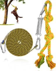 Petbobi Bungee Dog Toy hanging on a branch for outdoor energy burn.