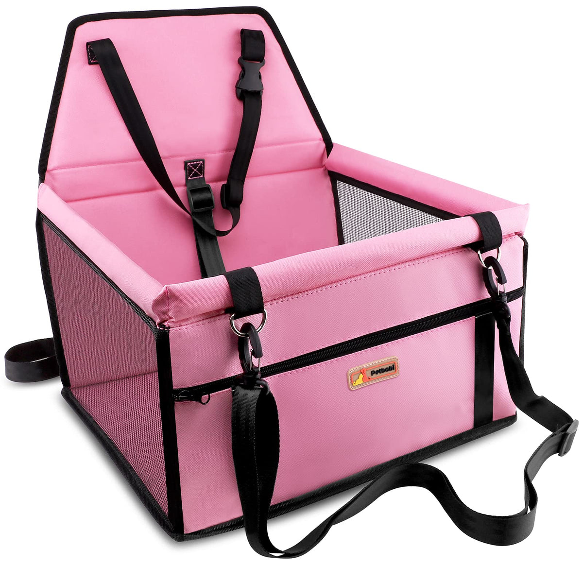 Petbobi car booster seat back panel in pink provides sturdy support for small pets.