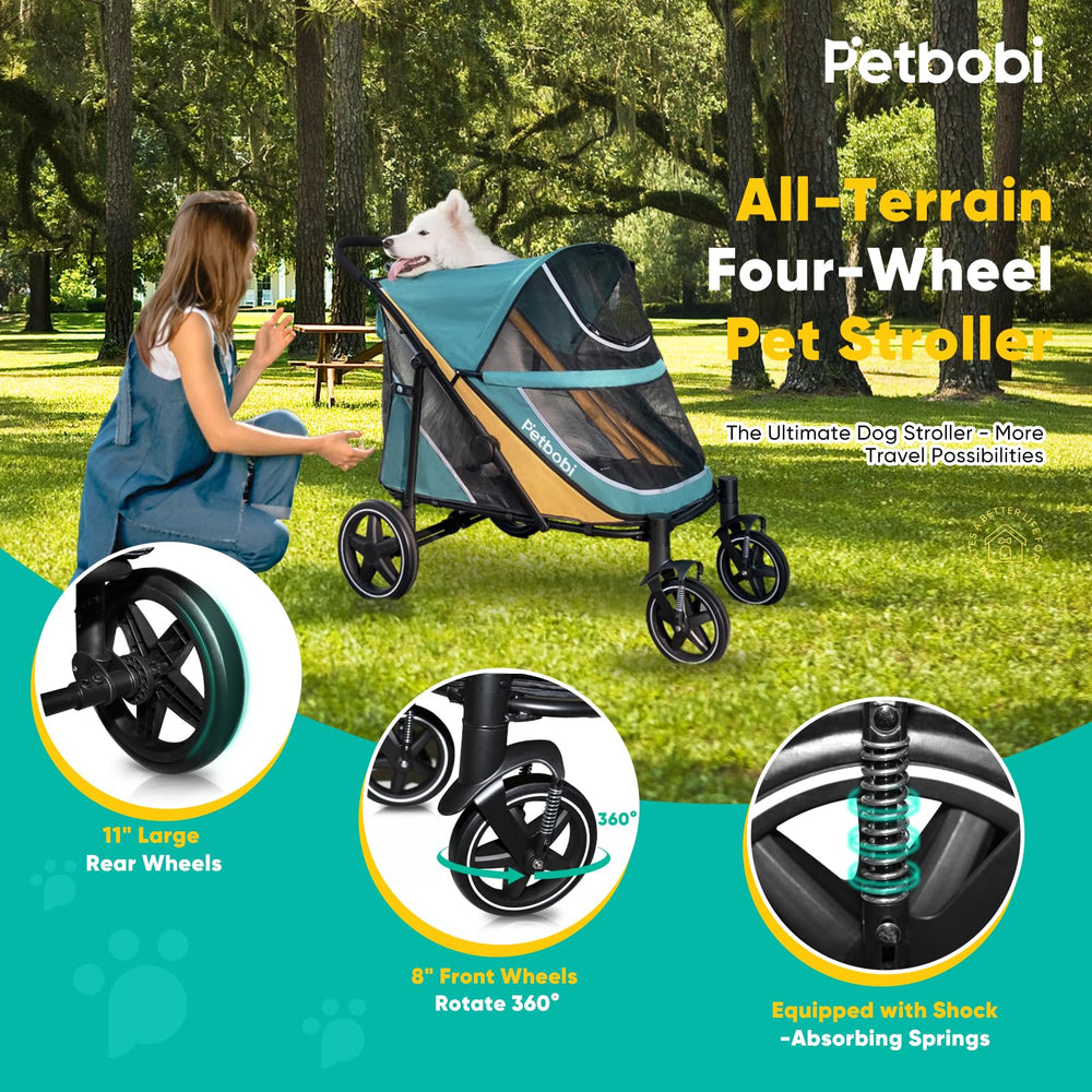 Petbobi Dog Stroller Cabin 34x20x25 accommodates dogs up to 80 lbs for lounging.