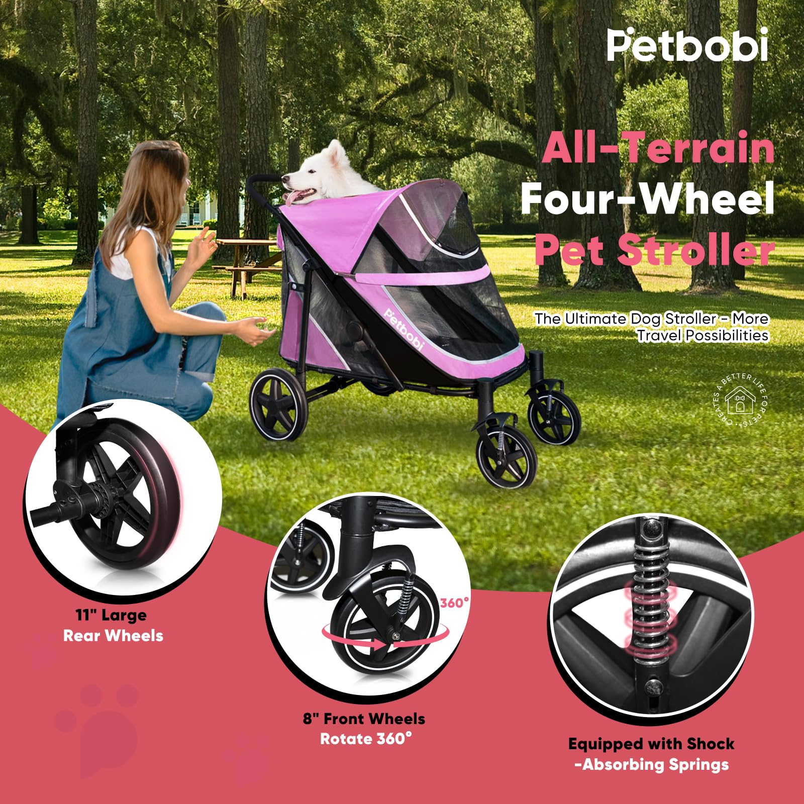 Petbobi dog stroller one-foot brake for quick, secure stops.