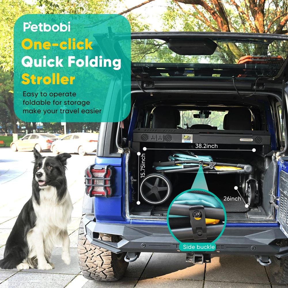 Petbobi Dog Stroller Under-Handle Storage Bag keeps treats and water handy.