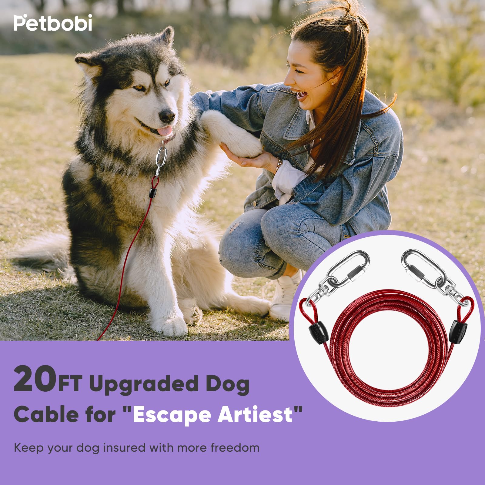 Petbobi 6mm stainless steel tie-out wire with weather-ready coating.