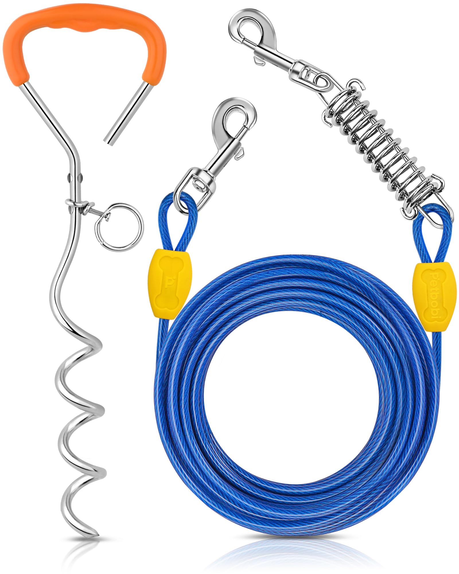 Petbobi dog tie-out cable offers 30 ft roaming space for safe yard or camp play.