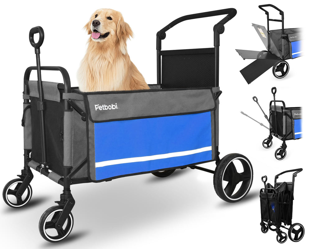Petbobi Dog Wagon Stroller blue front view showing low-entry design for easy access