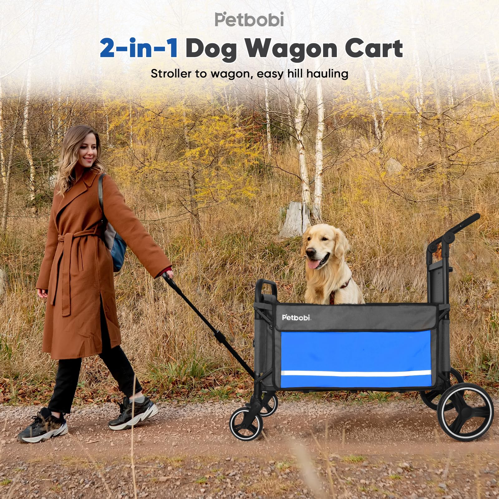 Petbobi Dog Wagon Stroller blue ramp entry for simple door-to-street transitions