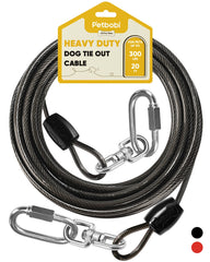 Petbobi heavy-duty dog tie-out 20ft coil shows flexible, secure yard tether.