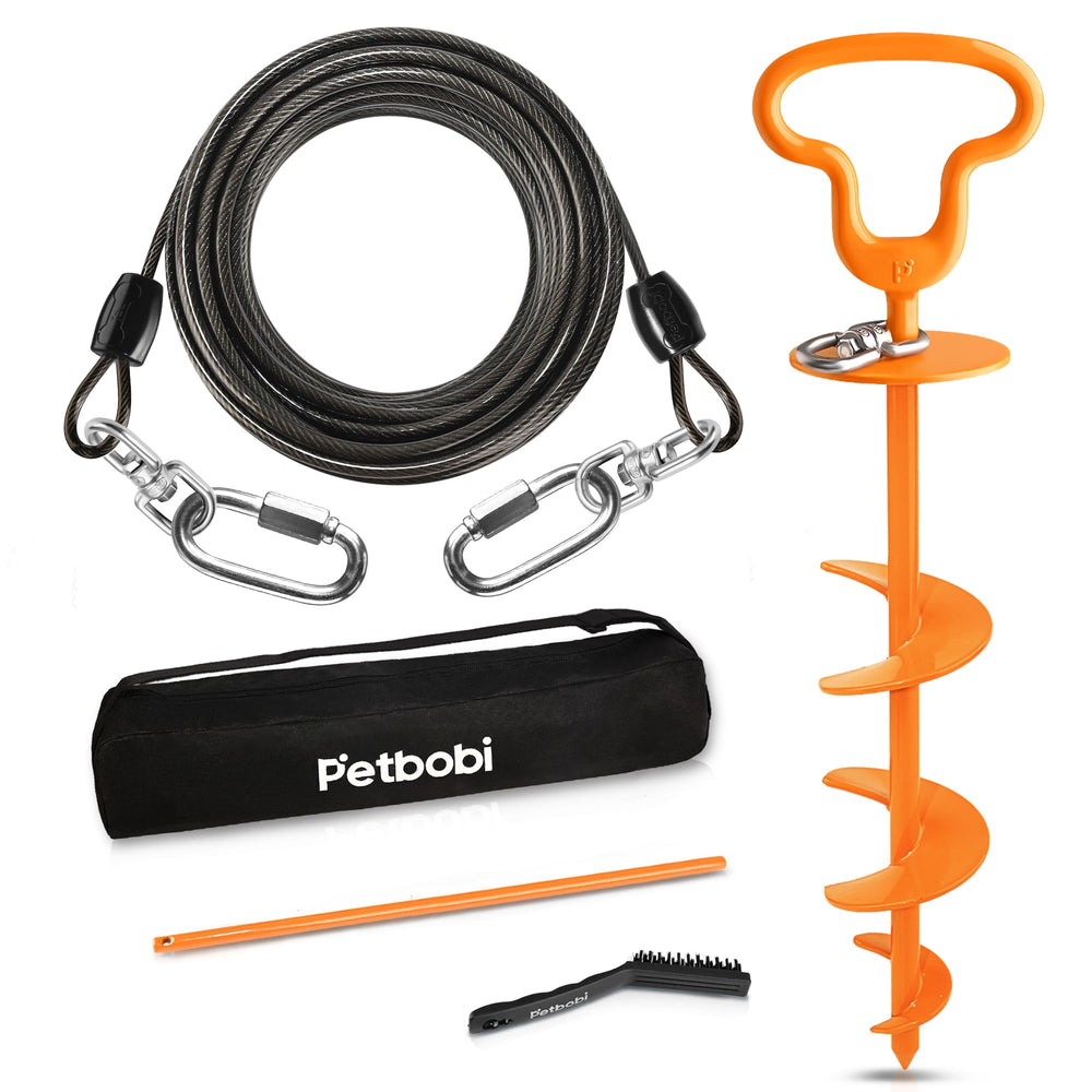 Petbobi heavy-duty tie-out cable 50ft showing outdoor freedom for large dogs