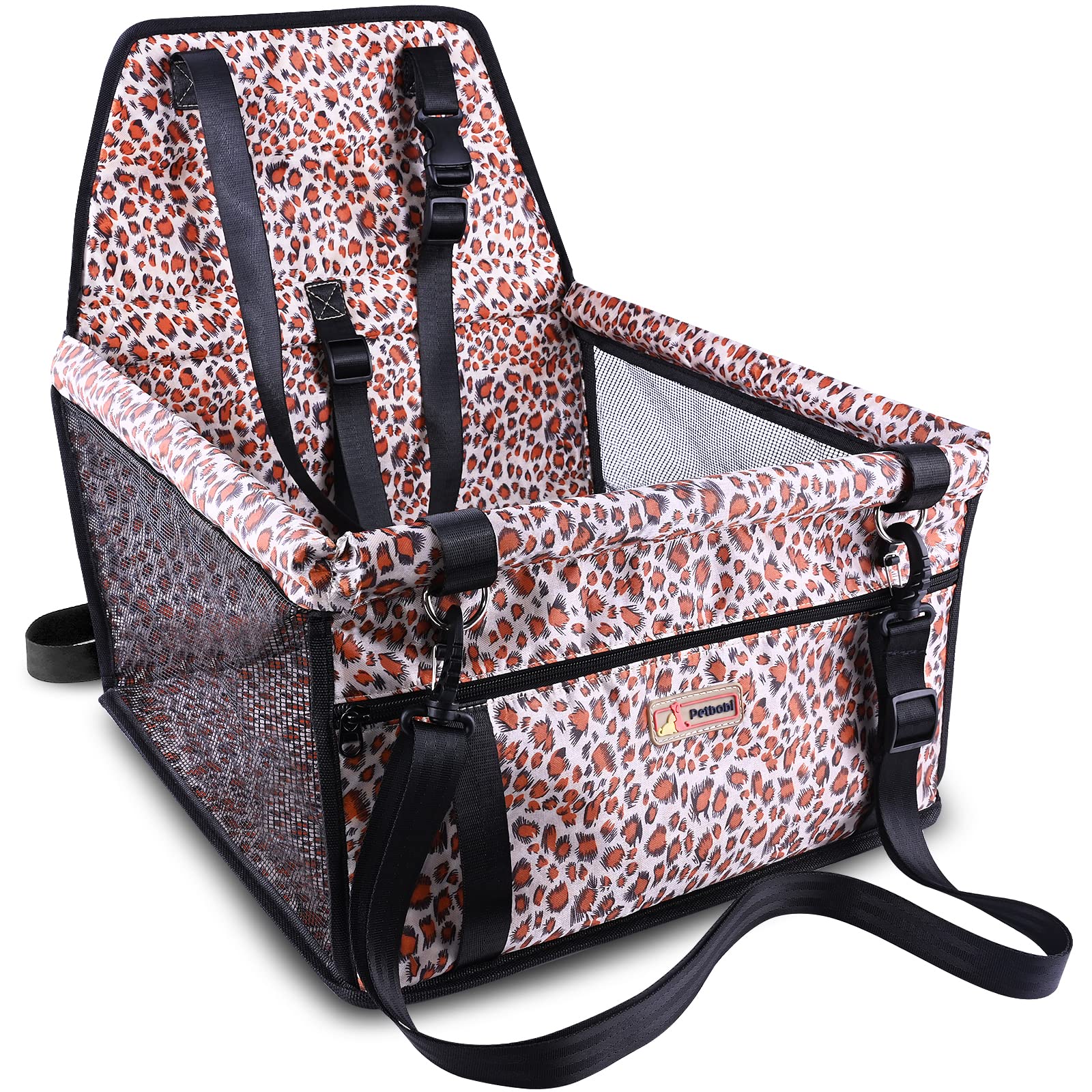 Petbobi Leopard dog car seat front view: secure booster for small dogs during trips