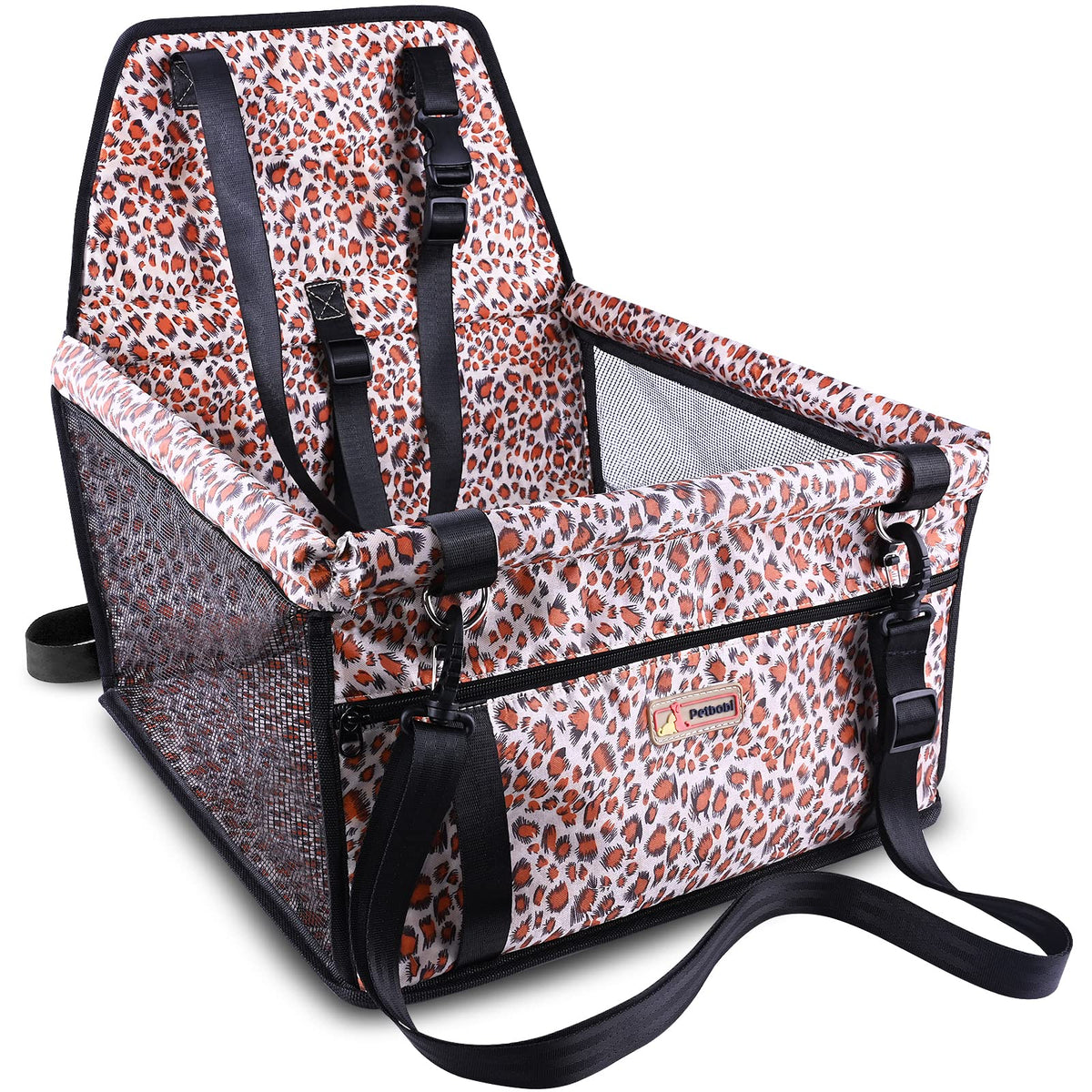Petbobi Leopard dog car seat front view: secure booster for small dogs during trips