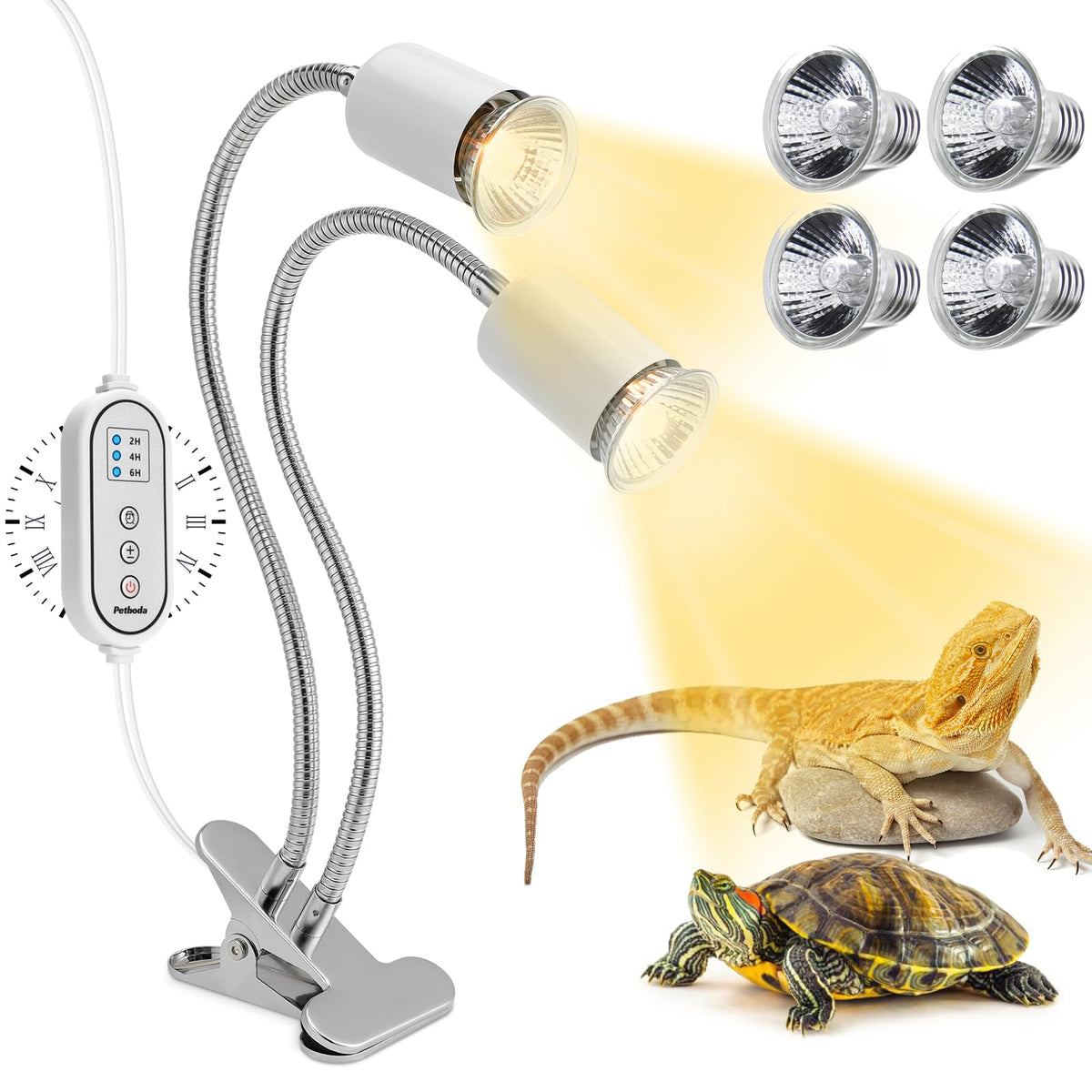 Petboda reptile heat lamp dual-head assembly provides broad basking area for reptiles.