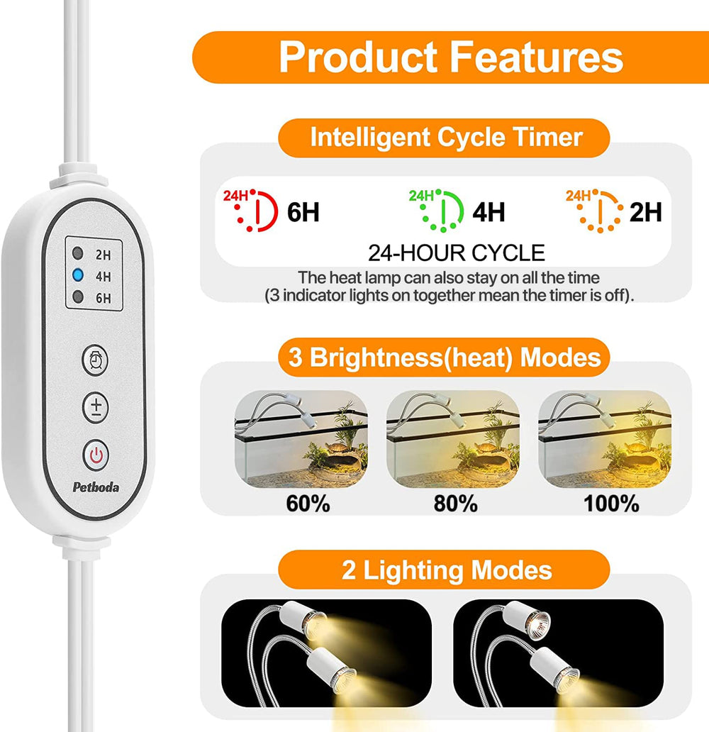 Petboda reptile heat lamp long gooseneck offers flexible angle adjustment.