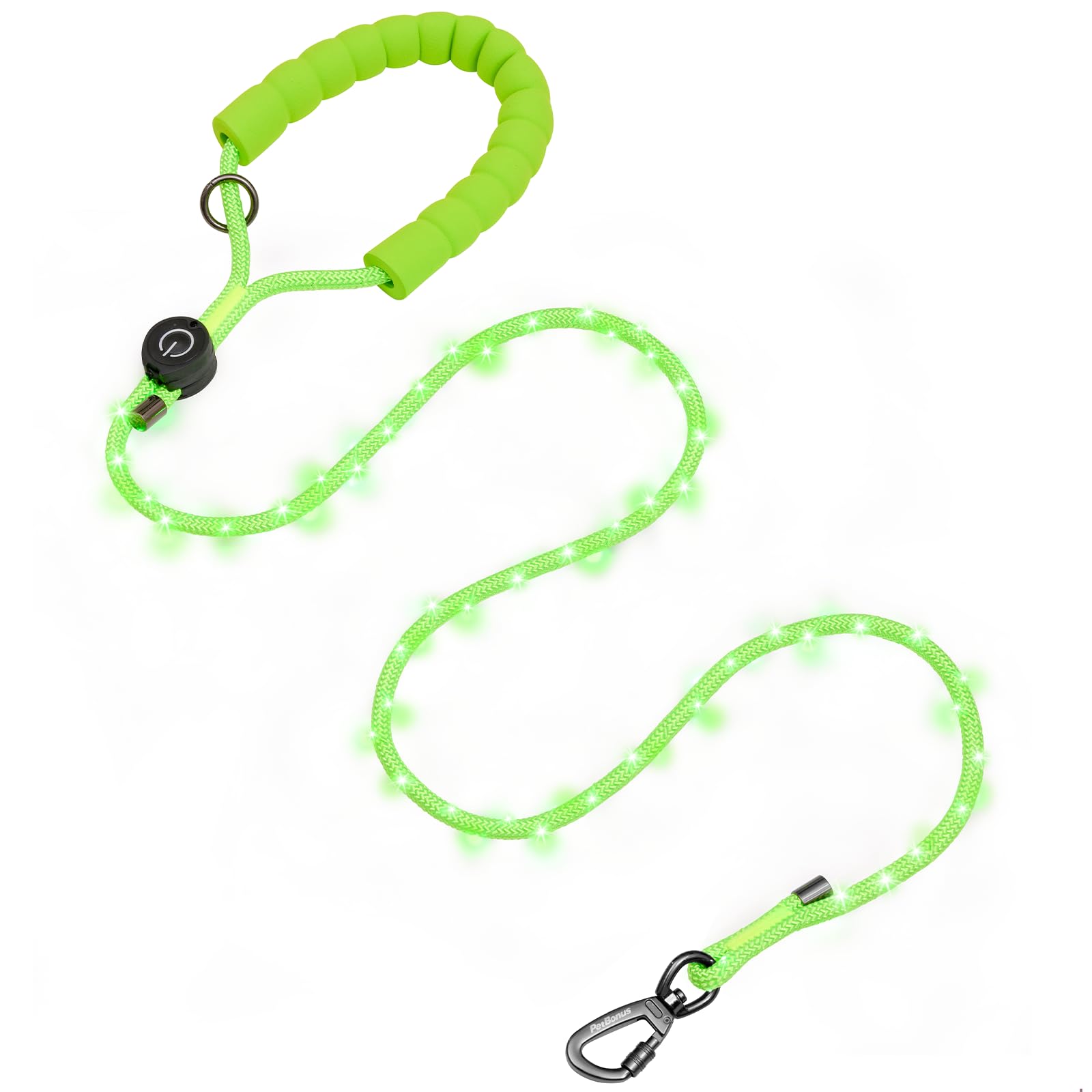PetBonus 5ft LED leash in green with padded handle for safer night walks.