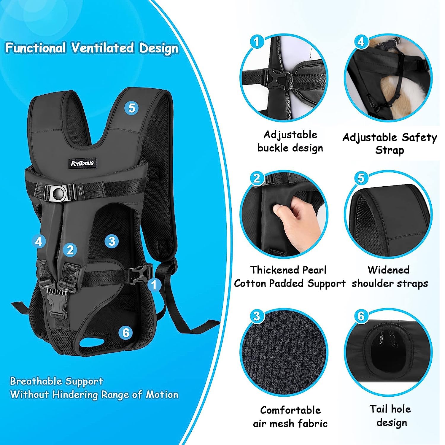 PetBonus adjustable safety straps show secure harness integration.