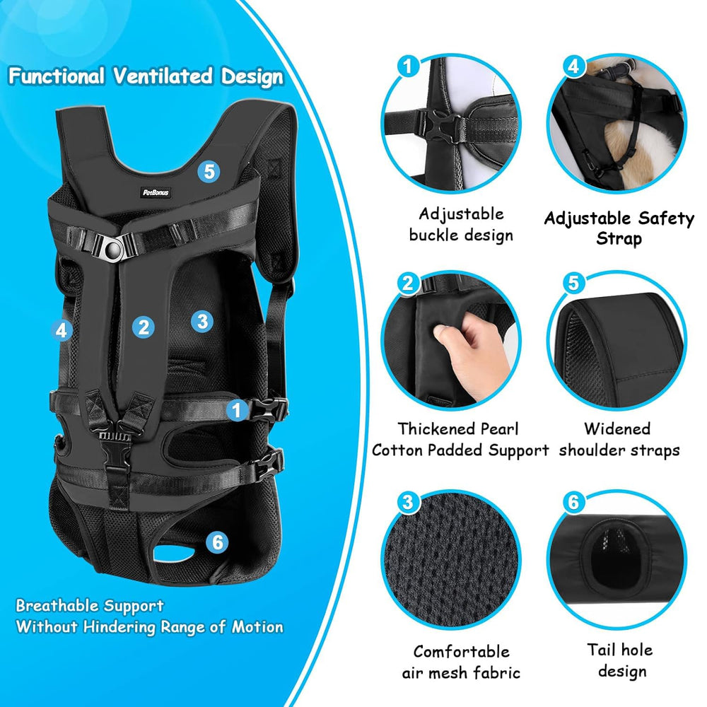 PetBonus back view dog carrier in black for secure, two-way wearing during adventures.