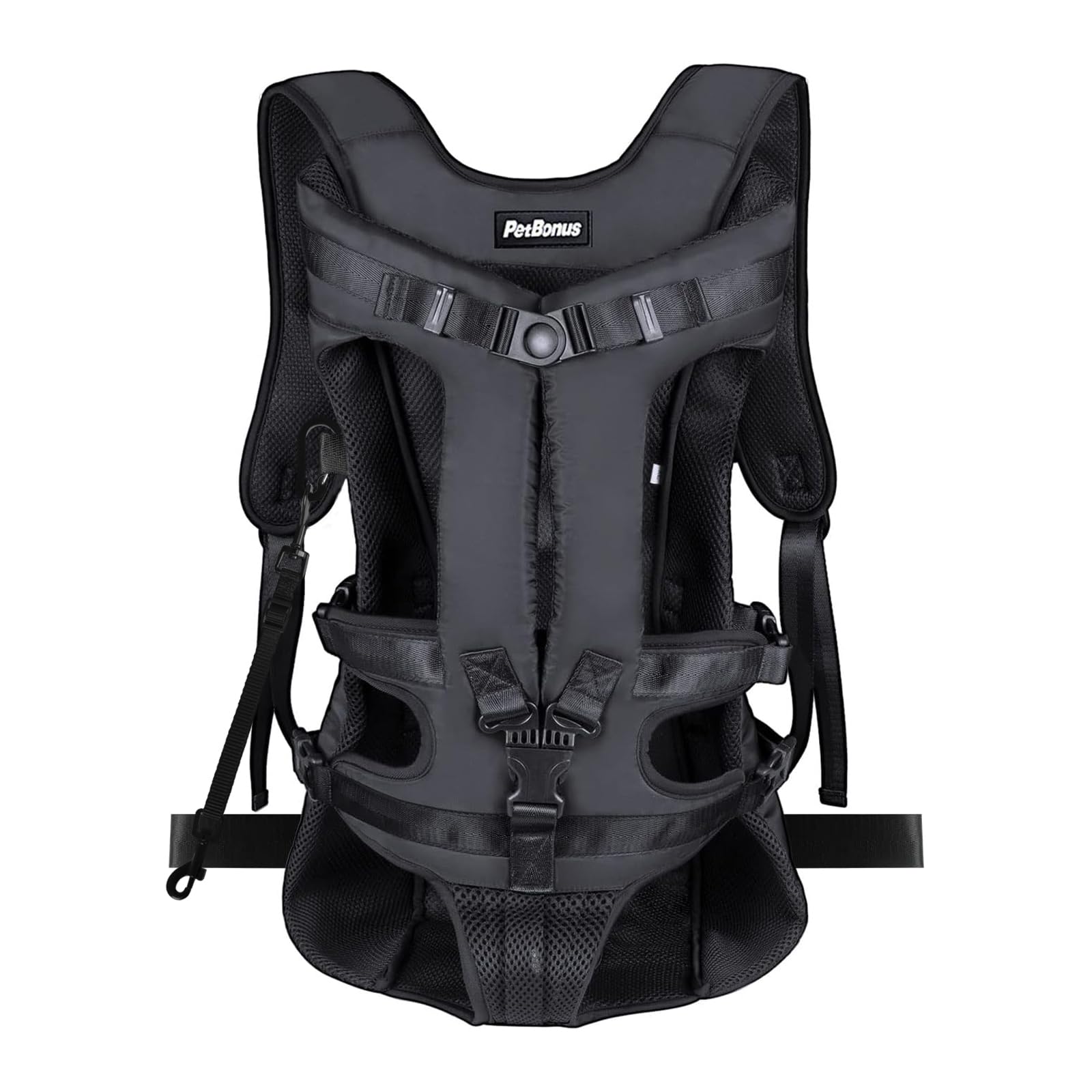 PetBonus front view dog carrier in black for comfortable, hands-free hiking with small dogs.