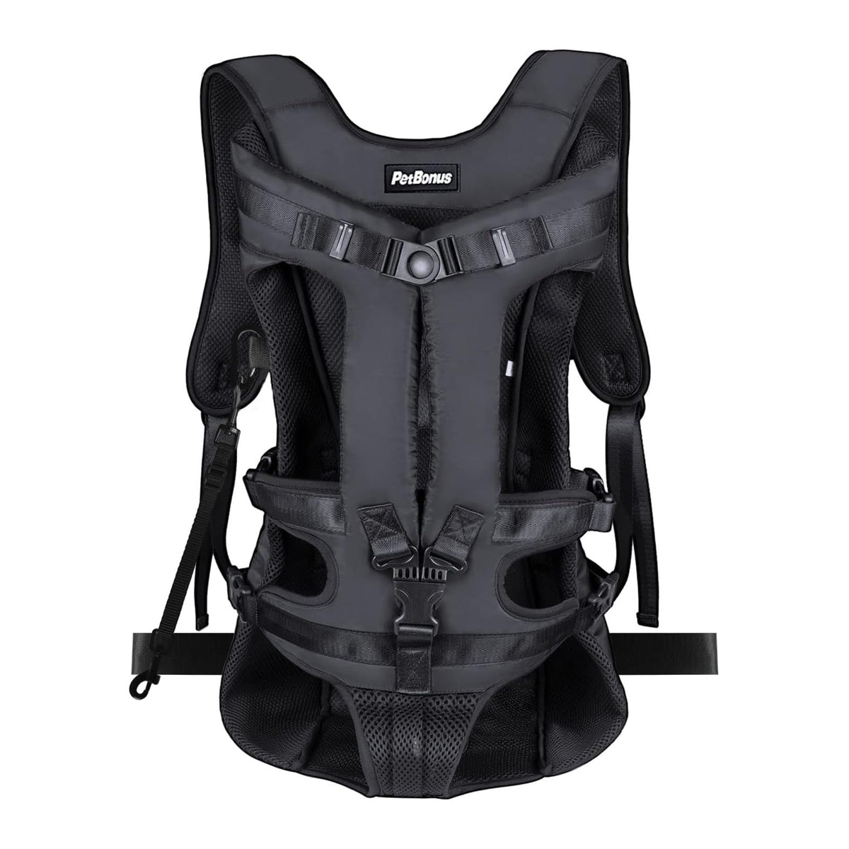 PetBonus front view dog carrier in black for comfortable, hands-free hiking with small dogs.